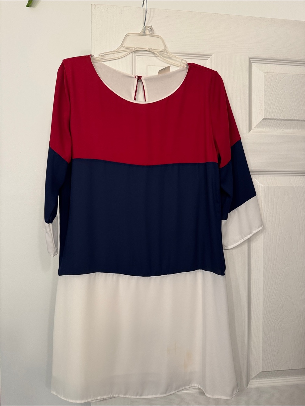 Colorblock Long-Sleeve Shift Dress — Red, Navy & White